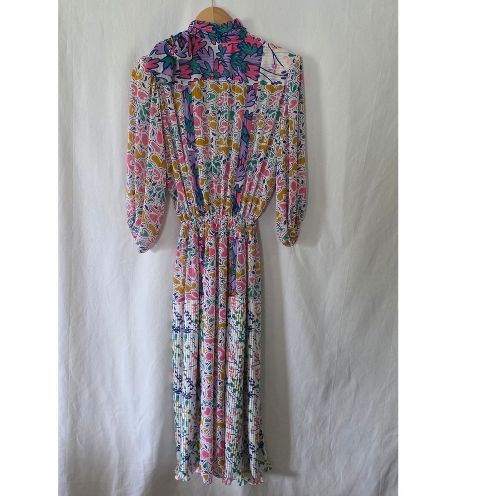 Vintage 80's Mosaic Floral Mixed Print Pleated Sheer Midi Dress Small Vivid Fun - Picture 10 of 14